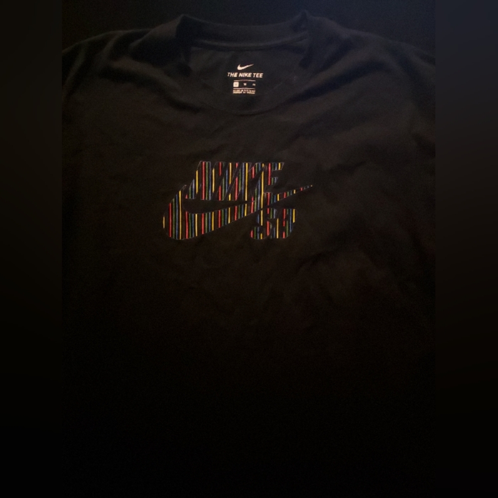 Nike Men's Black Tee with Striped Logo